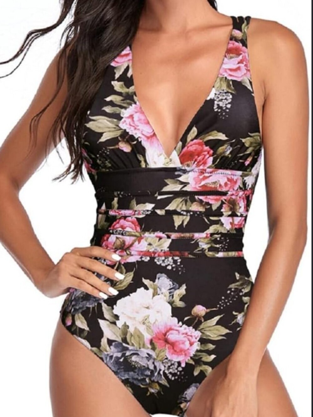 NWT Summer Mae Black Floral V-Neck One-Piece Swimsuit - Size XL